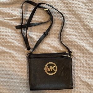 Michael Kors Black Leather Crossbody with Gold Logo